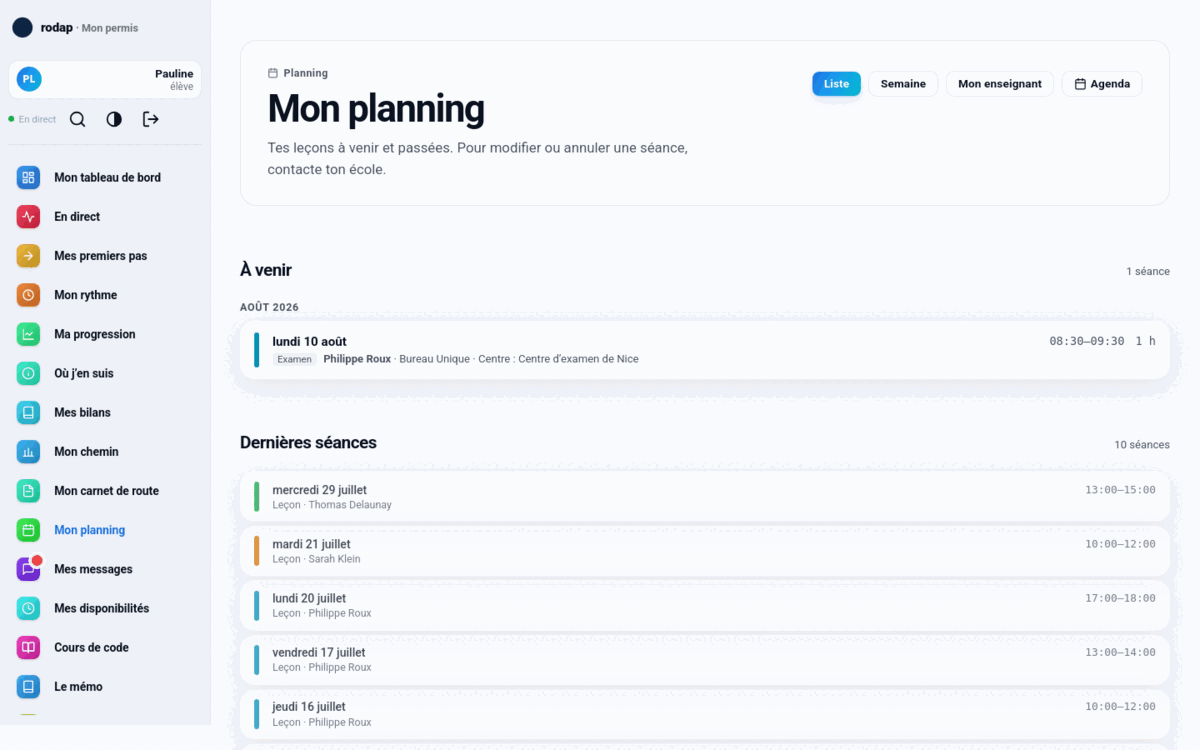 Écran « Mon planning » : les séances à venir et les dernières faites, avec l'enseignant, l'heure et le lieu.