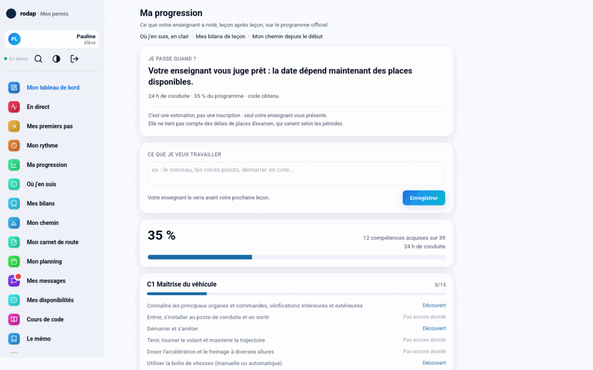 Écran « Ma progression » : le programme officiel sujet par sujet, l'avancement en pourcentage, et un champ pour écrire ce qu'on veut travailler.